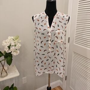 Women's Feather Print Blouse - White Black Tan Size 14